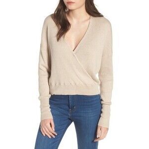 Leith women's :Long Sleeve sweater Rib Wrap V Neck In Tan Heather Size S